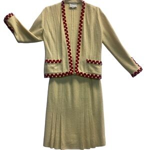 Vintage CHANEL Skirt Suit SIZE 38 Ecru With Red Checkerboard Trim